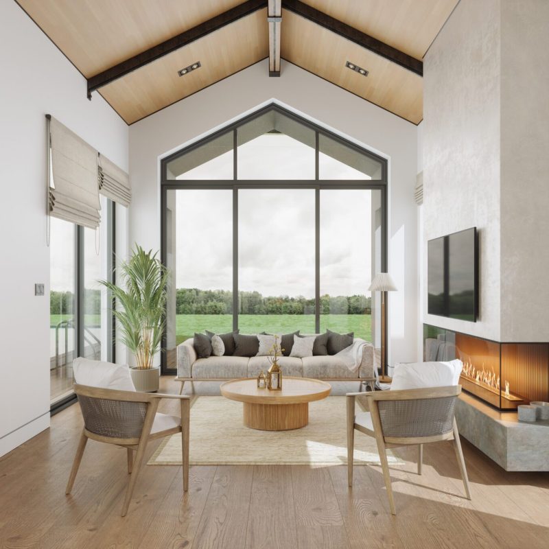 Tiny House Interior With Sofa, Armchairs, Television Set, Fireplace And Parquet Floor